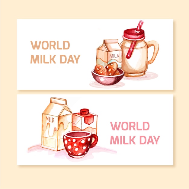 Free vector hand painted watercolor world milk day banners set