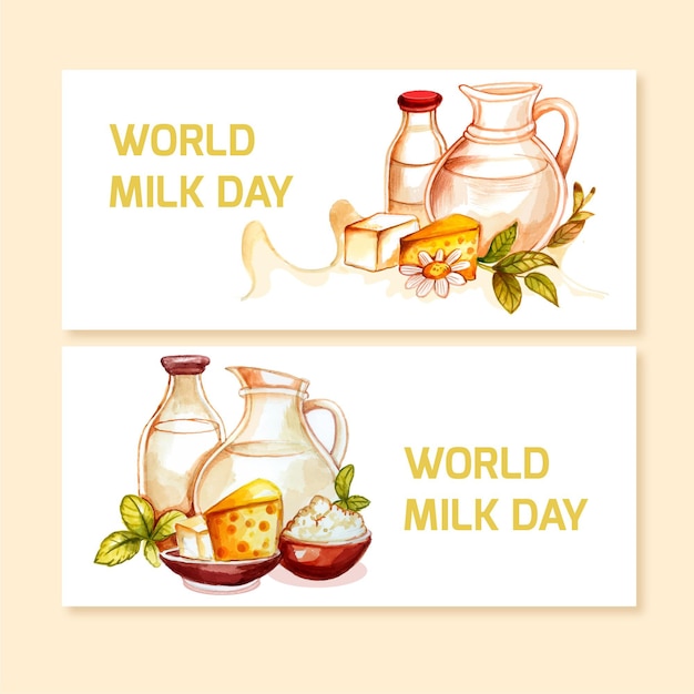 Free vector hand painted watercolor world milk day banners set