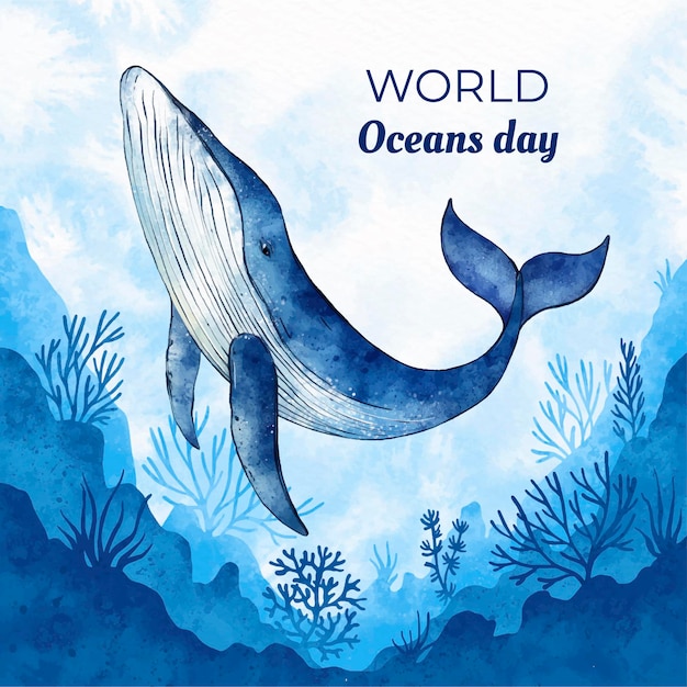 Hand painted watercolor world oceans day illustration