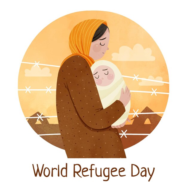 Hand painted watercolor world refugee day illustration