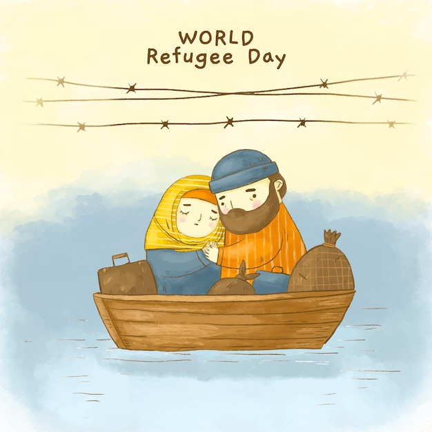 手描きの水彩世界難民の日のイラスト