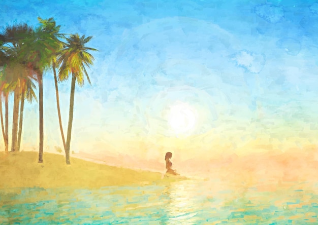 Free vector hand painted watercolour image of female in yoga pose in tropical landscape