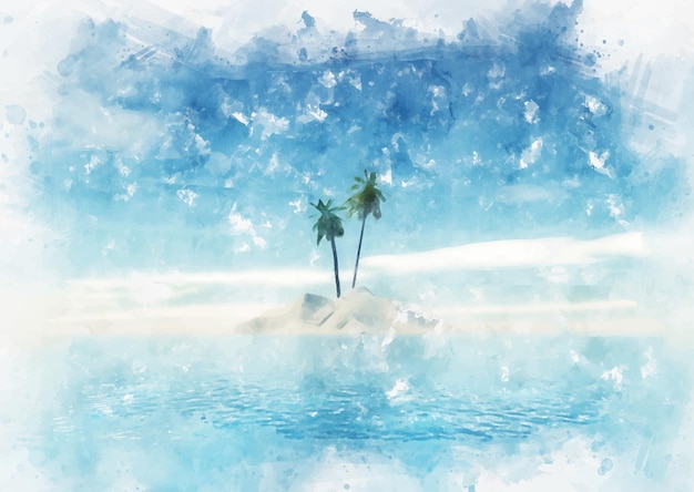 手描きの水彩画の夏のヤシの木の島の背景