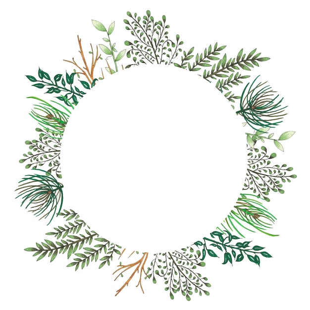 手描きの小枝、枝、緑の抽象的な葉を持つマーカー花のフレーム