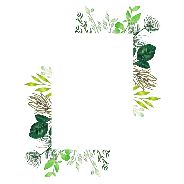 手描きの小枝、枝、緑の抽象的な葉を持つマーカー花のフレーム