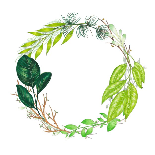 手描きの枝、枝、緑の抽象的な葉とマーカーフローラルリース