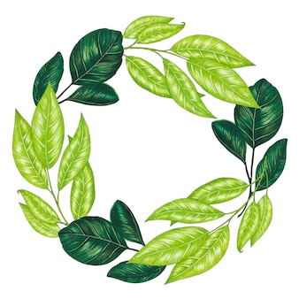Dipinto a mano con pennarelli ghirlanda floreale con ramoscello, ramo e foglie astratte verdi