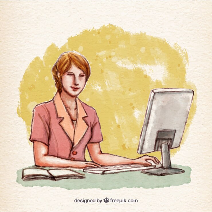 Free Vector hand painted woman working on her computer