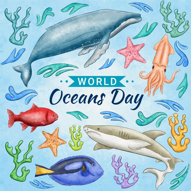 hand painted world oceans day illustration