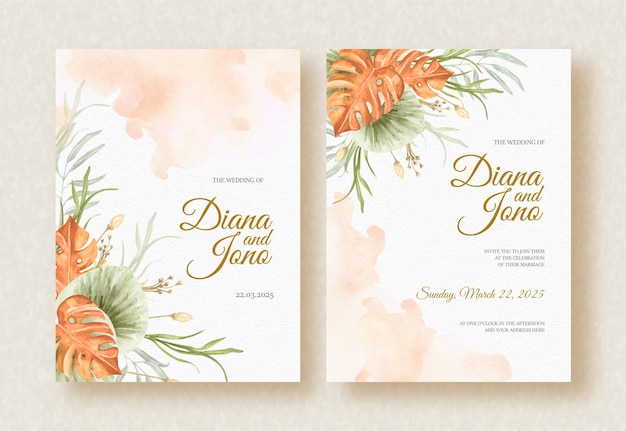結婚式招待状の背景に熱帯の葉の配置の手描き