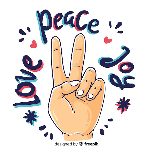 単語と手の平和サインの背景