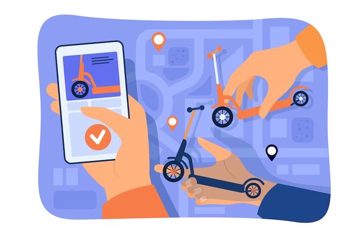 Free Vector hand of person using scooter rent or sharing app with city map on smartphone. vector illustration for urban vehicle, city transport, communication concept