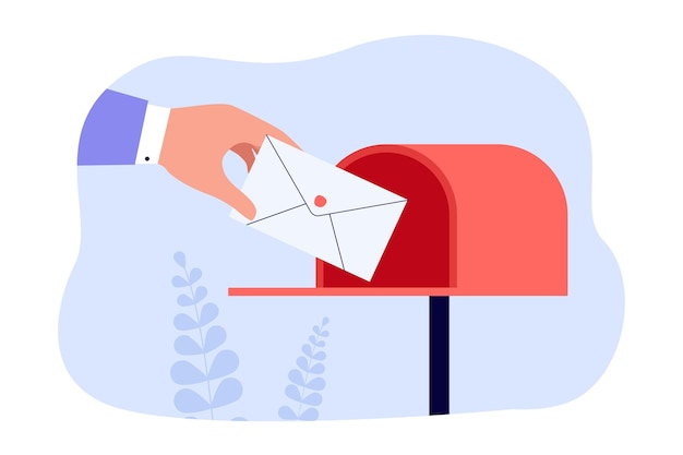 Hand of postman putting letter or envelope into open mailbox.\
courier delivering mail flat vector illustration. correspondence,\
communication, profession, newsletter concept for banner, website\
design