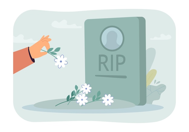 Hand putting flowers on tombstone flat vector illustration. person mourning and visiting cemetery. funeral ceremony, memorial, grave concept for banner, website design or landing web page