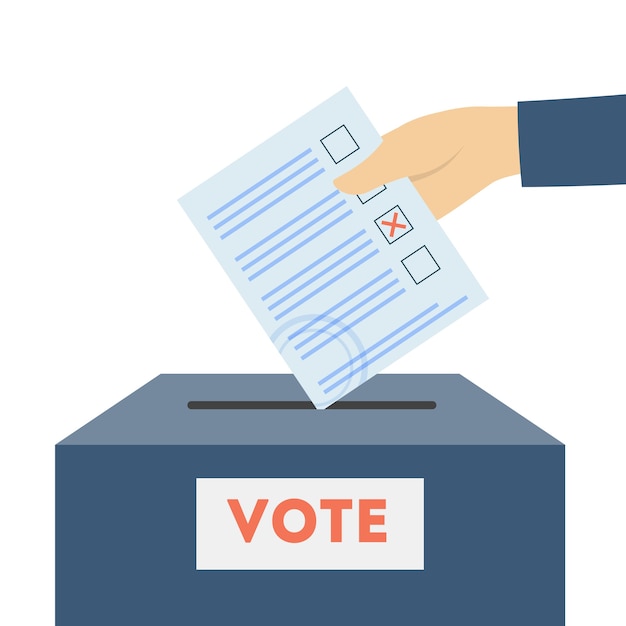 投票用紙を箱に入れて手で。投票、選択、大統領フラットベクトルイラスト。民主主義と選挙