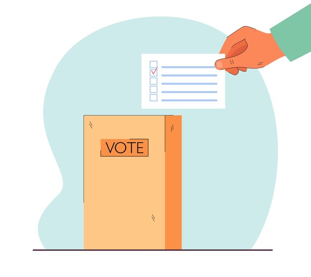 투표 게시판을 상자에 넣는 손. 빨간색 눈금이 있는 선이 있는 문서. 투표, 배너, 웹 사이트 디자인 또는 방문 웹 페이지에 대한 선택 개념