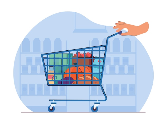Free vector hand on shopping cart with different groceries or products. person buying food from supermarket or online store flat vector illustration. shopping concept for banner, website design or landing page
