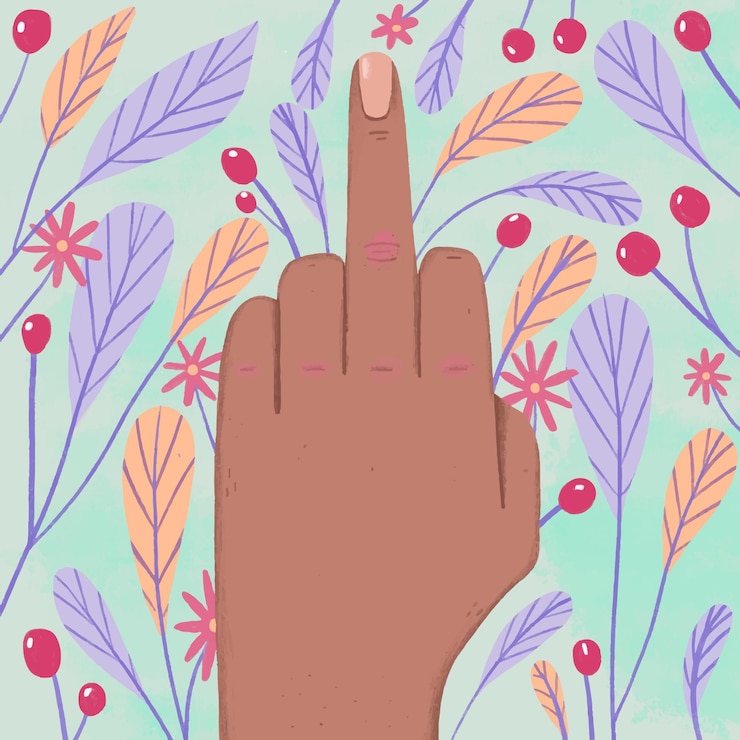 Free Vector hand showing the fuck you symbol with flowers and leaves