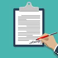 Free vector hand signing document. man writing on paper contract document illustration.