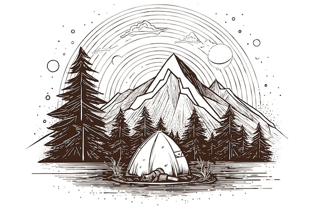 Vettore gratuito disegno a mano viaggio avventura fuoco di campo con montagne e alberi