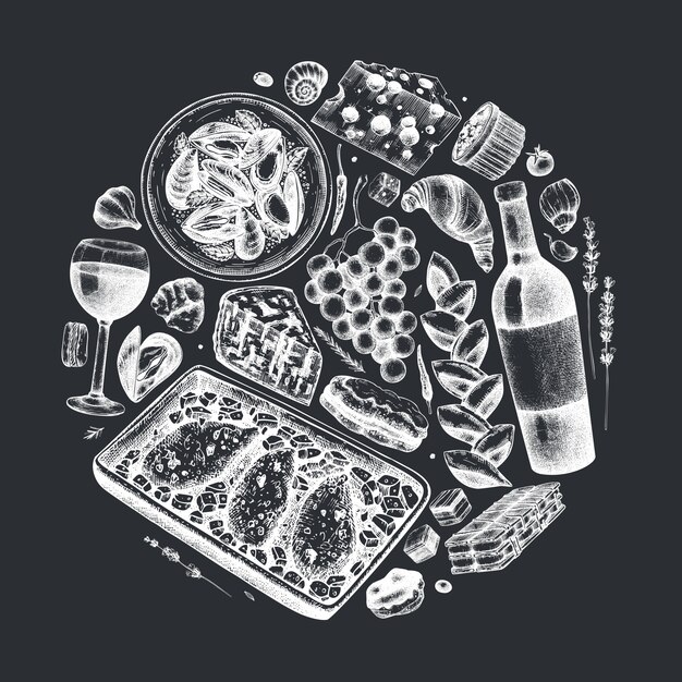 手は 黒板にフランスの食べ物や飲み物のイラストをスケッチしました フランス料理の流行組成 レシピ メニュー ラベル アイコン パッケージに最適です ヴィンテージの食品および飲料のテンプレート プレミアムベクター