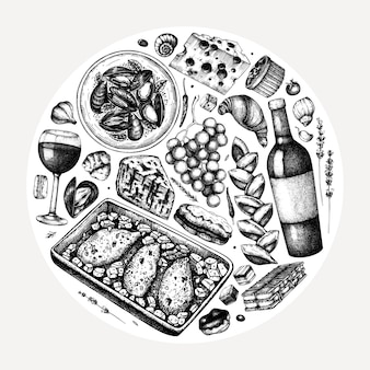 Premium Vector Hand Sketched French Food And Drinks Illustration French Cuisine Trendy Composition Perfect For Recipe Menu Label Icon Packaging Vintage Food And Beverages Template Restaurant Illustration Premium Vector Hand Sketched French Food And Drinks Illustration French Cuisine Trendy Composition Perfect For Recipe Menu Label Icon Packaging Vintage Food And Beverages Template Restaurant Illustration