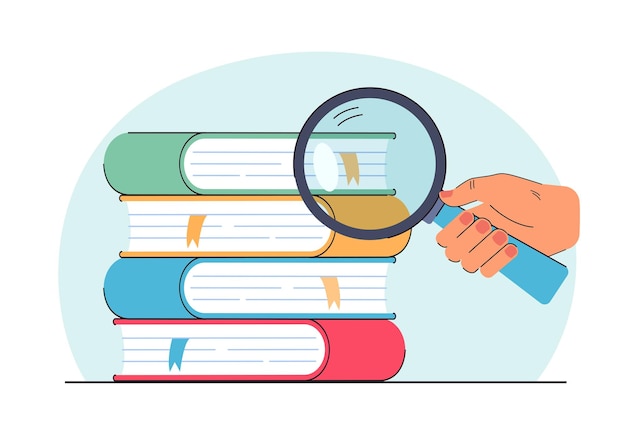 Hand of student holding magnifying glass and studying books. Stack of books for scientific research flat vector illustration. Education, information concept for banner, website design or landing page