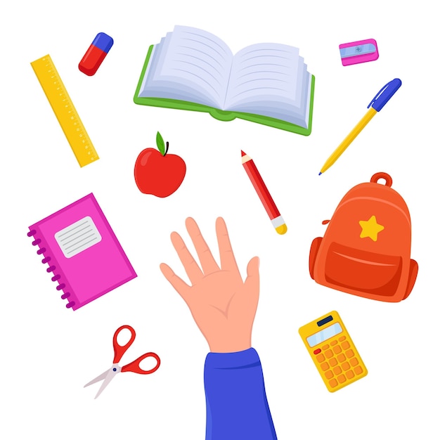 Free vector hand of student with stationery vector illustrations set