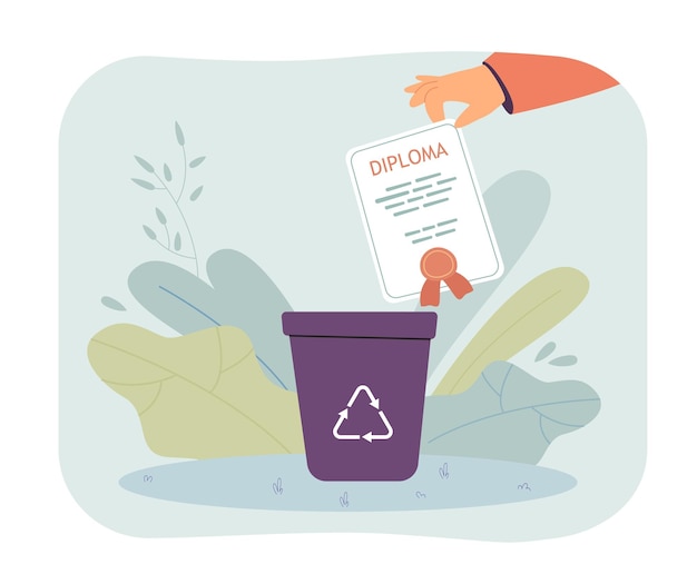 Hand throwing out diploma in trash bin flat vector illustration. Disappointed graduate putting diploma into recycling garbage can. Education concept for banner, website design or landing web page