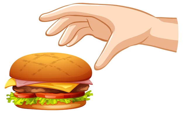 Free vector hand trying to grab hamburger on white background