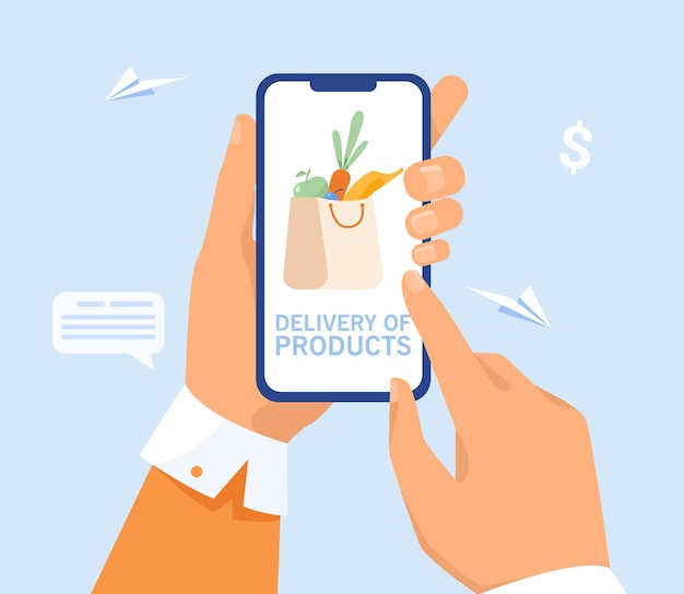Hand of user ordering delivery from grocery store. Person buying food in supermarket online