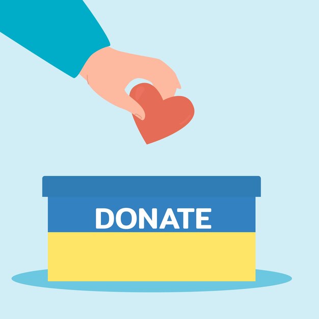 Hand of volunteer giving heart to box with Ukrainian flag. Support, help for victims of war in Ukraine flat vector illustration. Humanitarian aid concept for banner, website design or landing web page