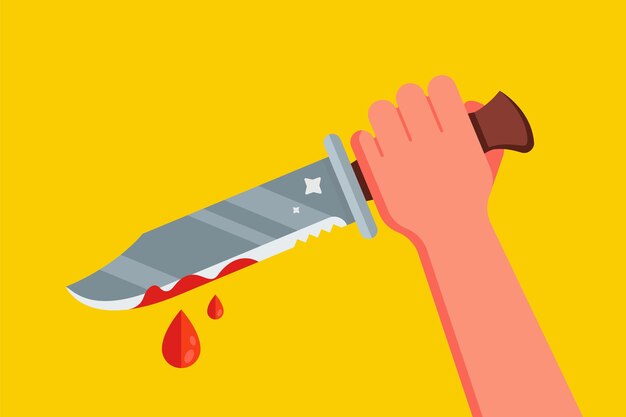 手に血が入ったナイフ 血の滴が床に排出されます 犯罪 殺人または白い背景で分離されたナイフストックイラスト漫画からキラーの概念 プレミアムベクター