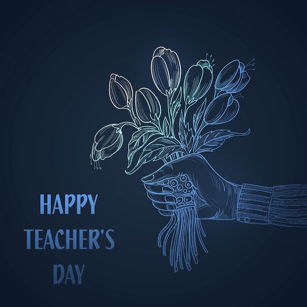 Hand with bouquet of flowers sketch teachers day background