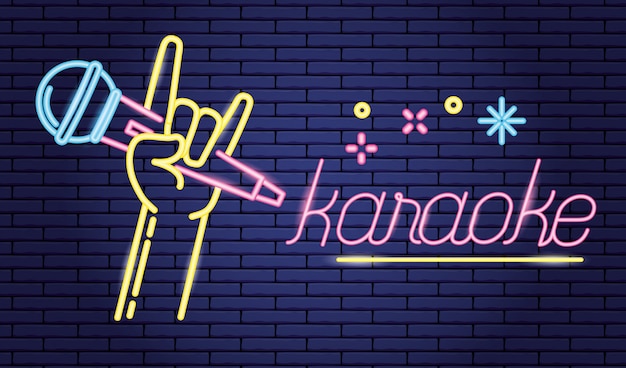 Hand with microphone in  karaoke over purple, neon style