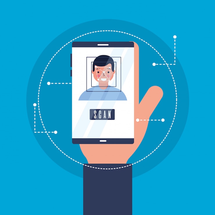 Free Vector hand with mobile face scan man