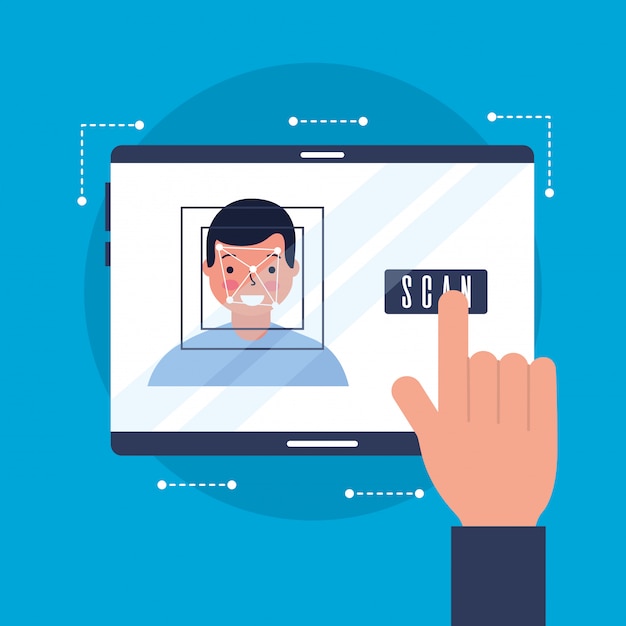 無料ベクター モバイル顔スキャン男と手