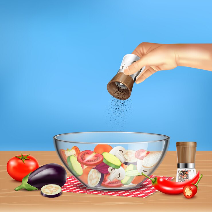 Free Vector hand with pepper mill over salad from vegetables in glass bowl on blue realistic illustration