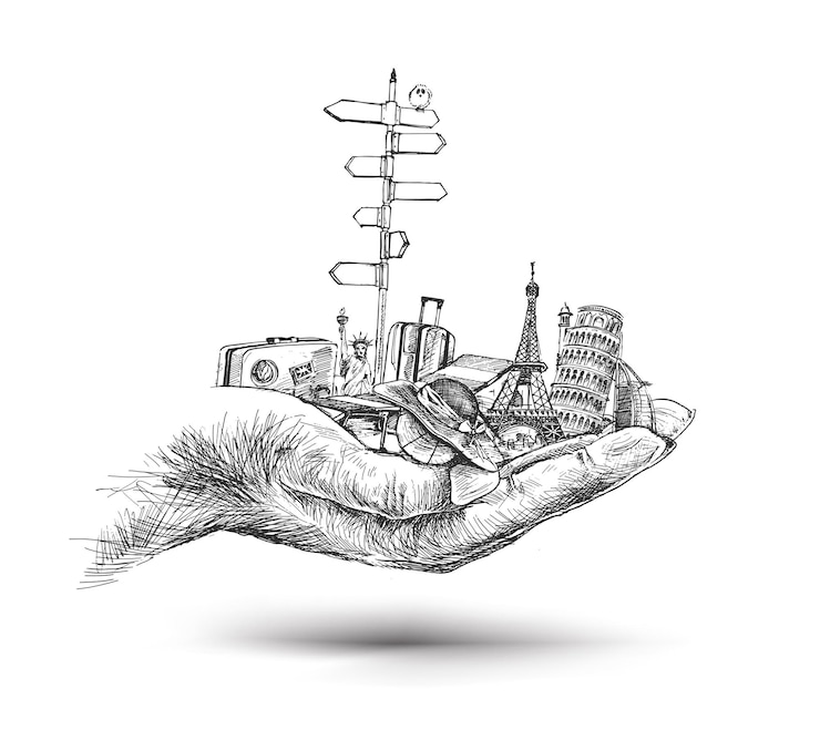 Free Vector hand with travel the world hand monuments concept hand drawn sketch vector illustration