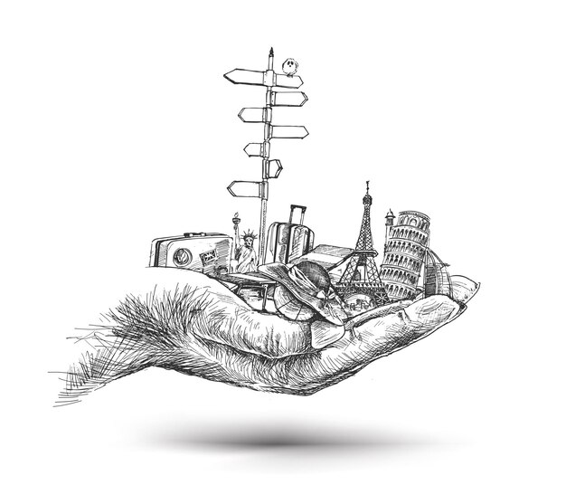 Hand with Travel the world hand monuments concept Hand Drawn Sketch Vector illustration