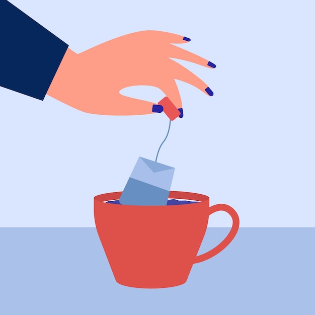 Free vector hand of woman putting teabag into cup of water. person making tea in mug flat vector illustration. beverage, break, breakfast concept for banner, website design or landing web page