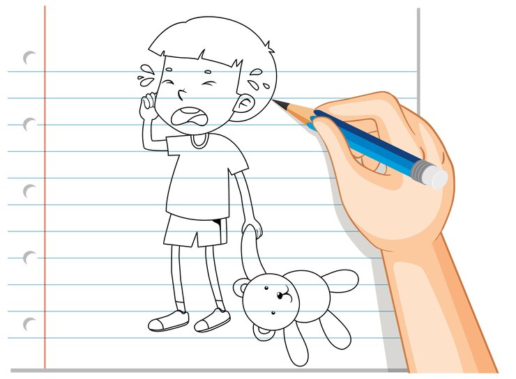 免費 Vector 一個哭泣的男孩的手寫與泰迪熊的輪