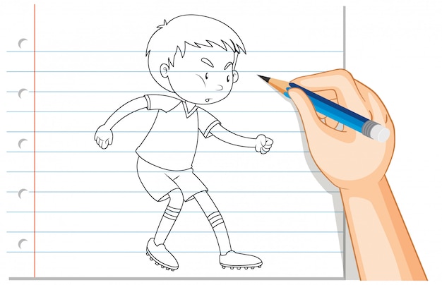 Hand writing of boy playing football outline