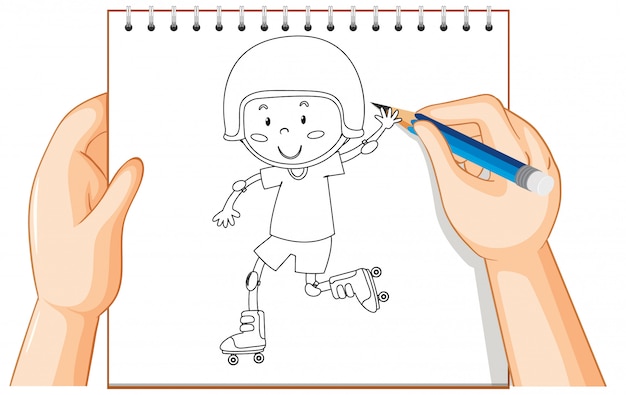 Free vector hand writing of boy playing roller skate outline