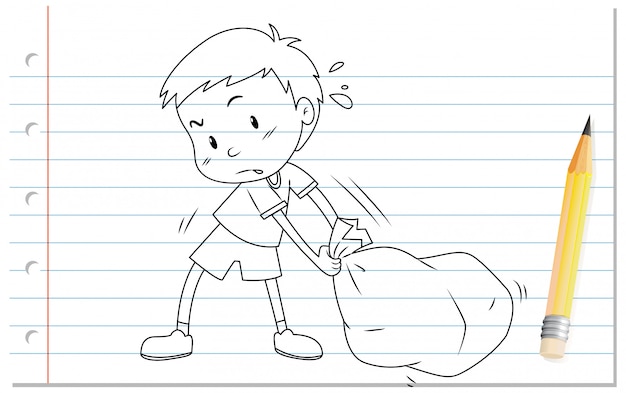 Hand writing of boy pulling bag outline