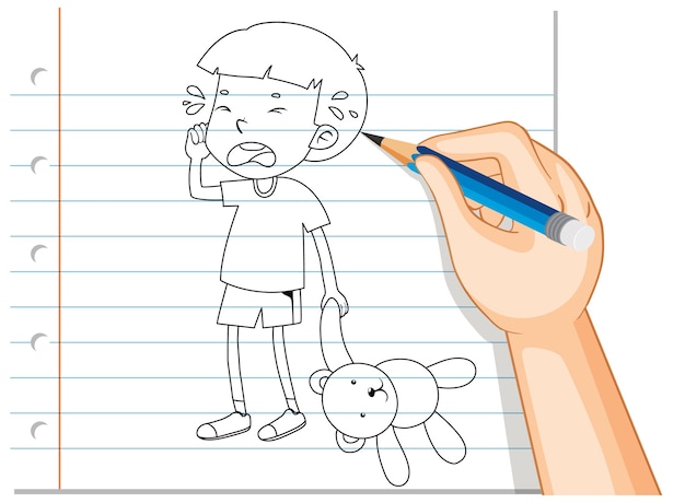 Бесплатное векторное изображение Почерк мальчика, плачущего с наброском плюшевого мишки