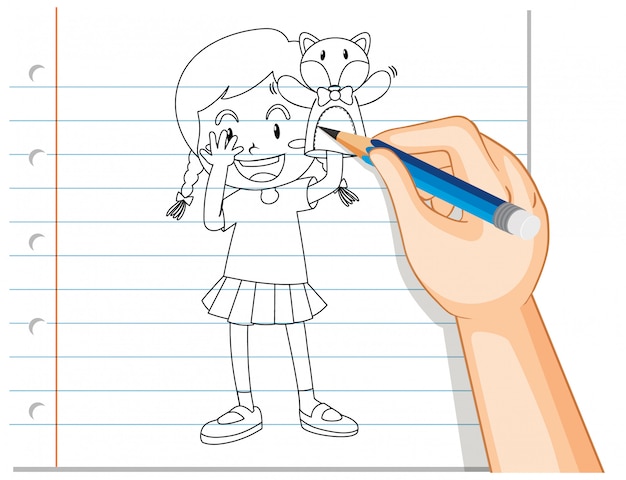 人形の手の輪郭を弾いている女の子の手書き