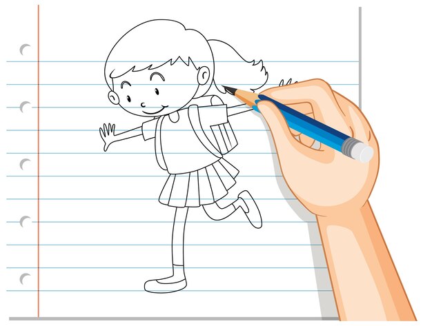 かわいい長い髪の少女の概要の手書き 無料のベクター