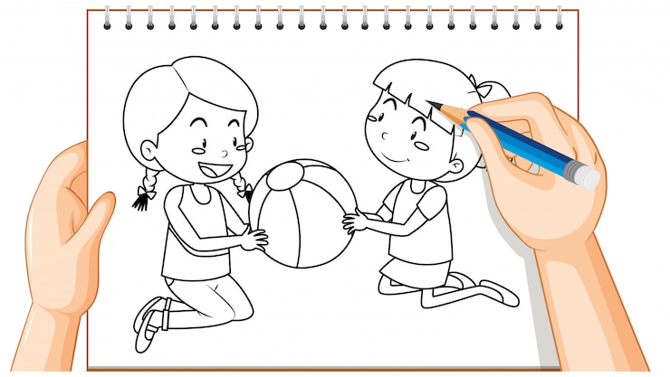 Free Vector hand writing of two girls playing the ball outline