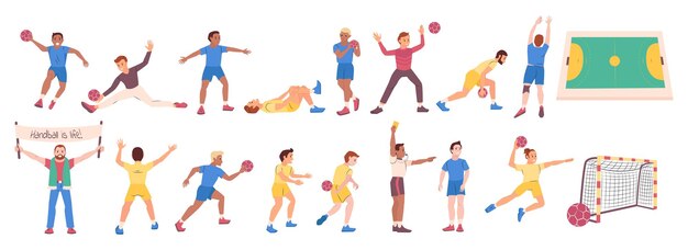 Handball flat set with players in uniform during game referee fan court goalposts isolated vector illustration
